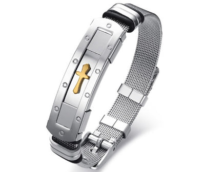 Men’s Christian Cross Charm Bracelet – Adjustable Stainless Steel Wristband