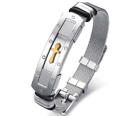 Men’s Christian Cross Charm Bracelet – Adjustable Stainless Steel Wristband