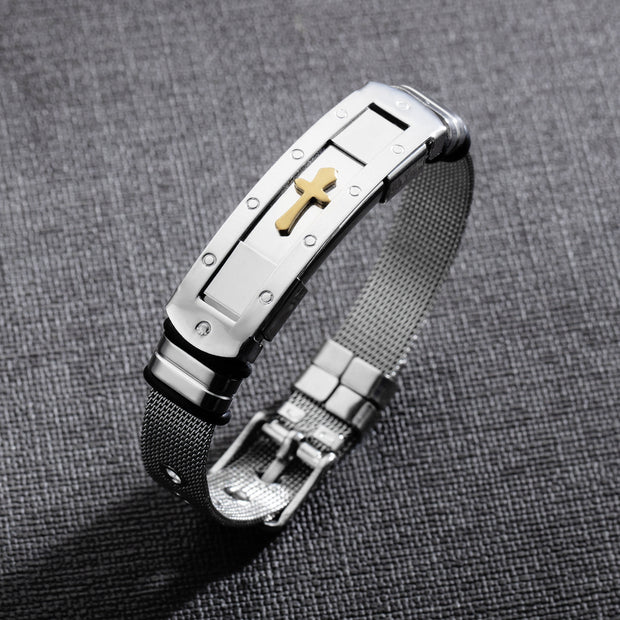Men’s Christian Cross Charm Bracelet – Adjustable Stainless Steel Wristband