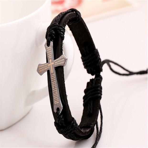 Vintage Cross Scripture Leather Bracelet