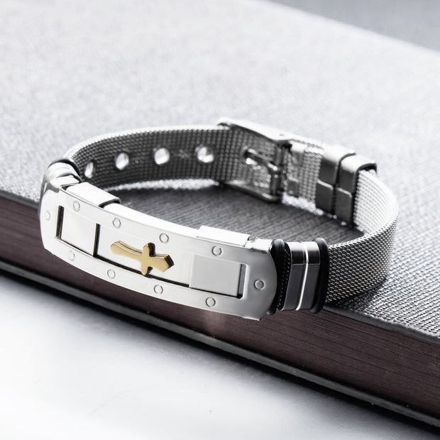 Men’s Christian Cross Charm Bracelet – Adjustable Stainless Steel Wristband