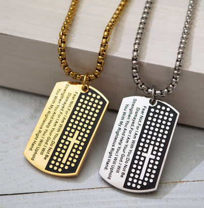 Dog Tag Cross Necklace – Bible Verse Pendant for Men